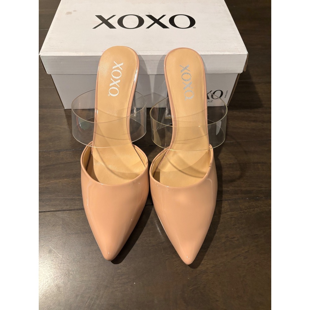 XOXO Adison Nude Patent Pointed Toe Mules Clear Lucite Heel Womens 11M